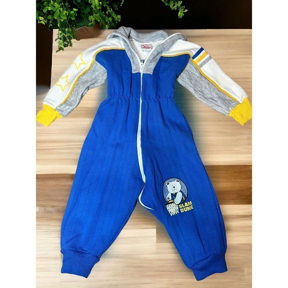 Vintage 90s Buster Brown Colorful Jumpsuit Romper Bear Basketball Size 12 Months
